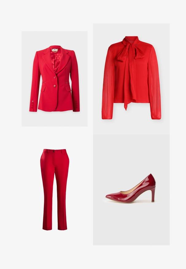 Rode, op maat gemaakte damesblazer met twee knopen, een kraag met inkeping, klepzakken en decoratieve knopen op de manchetten, weergegeven op een witte achtergrond.; Rode blouse met lange mouwen en een striksluiting bij de hals, met een doorschijnende textuur en een geribbelde structuur. Lichtgewicht en licht aangesloten bij de taille.; Rode op maat gemaakte pantalon met een rechte snit. Beschikt over een rits aan de voorkant, knoopsluiting en een gladde stofstructuur. Geen zichtbare patronen of accenten.; Rode laqué leren hoge hak schoen met een puntige neus en een 10 cm stilettohak. Glad oppervlak en minimalistisch ontwerp.