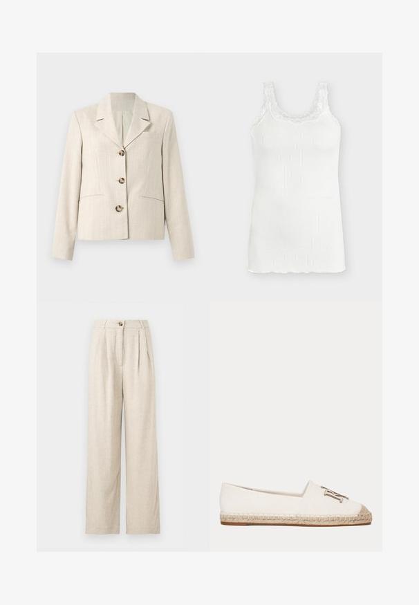 Selected DIMA - Blazer - white pepper; Witte geribbelde mouwloze tanktop met kanten bies rond de ronde halslijn en banden, weergegeven op een effen lichte achtergrond.; Beige linnen broek met hoge taille, ruime pijpen, knoopsluiting en voorplooien, ontworpen voor een comfortabele pasvorm.; Witte canvas espadrille met geweven jutezool en metalen decoratief embleem aan de voorkant.