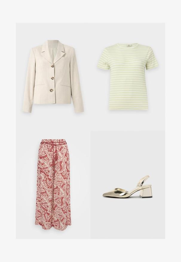 Selected DIMA - Blazer - white pepper; Camiseta de manga corta acanalada con rayas horizontales verde claro y blancas, con cuello redondo, sobre un fondo liso.; Vero Moda Petite VMBALI WIDE PANTS - Pantalones - marsala; Tacones slingback metálicos dorados con punta afilada y tacón grueso. Textura suave, diseño minimalista y una correa estrecha.