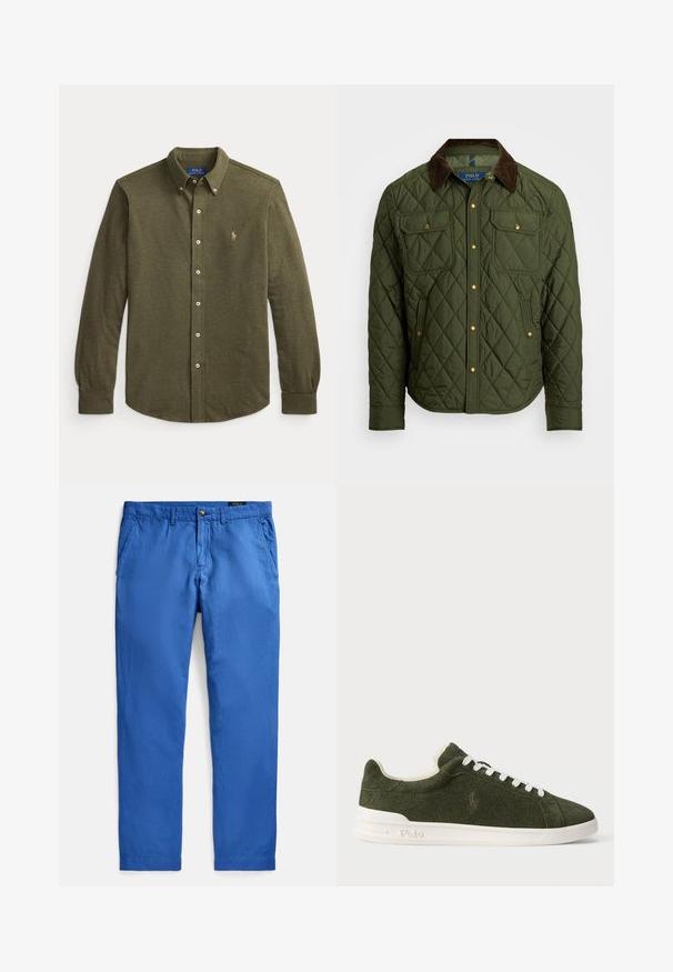 Polo Ralph Lauren THE BEATON QUILTED JACKET - Übergangsjacke - company olive; Langärmeliges olivgrünes Hemd mit Kragen und kleinem besticktem Logo auf der linken Brust.; Blaue Chinos aus strukturiertem Baumwollstoff, mit Knopfverschluss, Gürtelschlaufen und Seitentaschen. Gerade geschnittenes Bein mit sauberem Abschluss.; Niedrig geschnittener, dunkelgrüner Wildledersneaker mit weißen Schnürsenkeln und Sohle, der auf der Seite und der Sohle ein dezentes Polo-Logo aufweist.