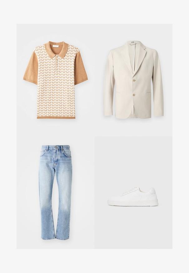 Beige two-knaps blazer med hakkrave, frontlommer med klap og lange ærmer, vist på en ensfarvet baggrund.; Kortærmet polo shirt med et beige teksturmønster, lys brown krave og manchetter, med tre knapper og geometriske designs.; Lyseblå denim jeans med lige ben. Har en fem-lomme design, knaplukning og en falmet tekstur mod bunden.; Hvid sneaker med en glat læderoverdel, rund tå, snørebånd, teksturerede sideaccenter og en tyk gummisål. Minimalistisk design.