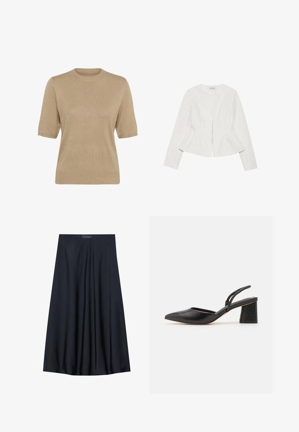 Witte jas met lange mouwen, ronde halslijn, peplum taille en rits aan de voorkant. Glad materiaal zonder zichtbare patronen of accenten.; Beige trui met korte mouwen en een ronde hals, met ribbeltextuur en een ontspannen pasvorm. Materiaal lijkt zacht en lichtgewicht met een gladde afwerking.; Zwarte, knielange rok van lichtgewicht stof met een vloeiende uitstraling. Kenmerkt zich door een gladde textuur en subtiele plooien voor extra detail.; Zwarte leren slingback schoen met een spits toelopende neus, lage blokhak en minimalistisch ontwerp met dunne bandjes en gladde textuur.