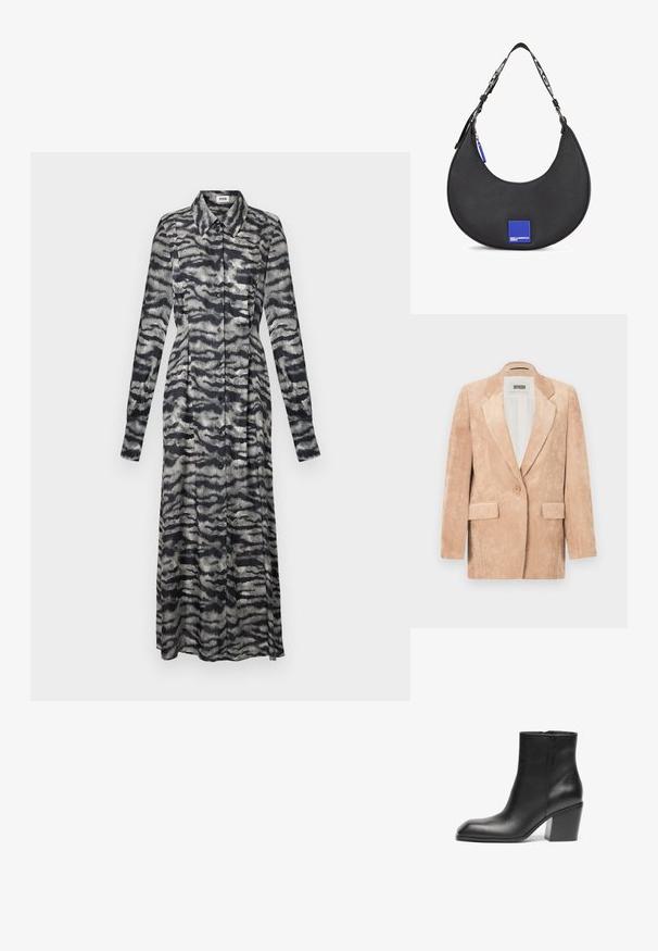 Beiger Cord-Blazer mit einem Knopf, mit Revers und zwei Vorderentaschen. Weiche Textur mit durchgehenden vertikalen Rippen.; Langes, gemustertes Kleid in Schwarz und Grau mit Kragen, langen Ärmeln, Knopfverschluss und fließender Passform, das ein wellenförmiges, abstraktes Design zeigt.; Schwarze Leder-Stiefelette mit quadratischer Zehenform und klobigem Blockabsatz. Glatte Textur und minimalistisches Design. Mit seitlichem Reißverschluss für einfaches An- und Ausziehen.; Schwarze Leder-Schultertasche mit geschwungenem Silhouette, versehen mit einem blauen quadratischen Logoakzent und einem kontrastierenden Riemen mit Text.