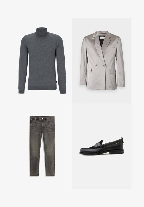 Grå satin dobbeltradet blazer med spidse klapper, forlommer og knapmanchetter. Glat tekstur, skræddersyet pasform og minimalistisk design.; Grå turtleneck sweater lavet af blødt strikstof. Har lange ærmer, en ribbet krave og en almindelig pasform med en glat tekstur.; Herrers slim-fit grå denim jeans med forreste knap og lommer, let falmet tekstur og lille logodetalje på møntlommen.; Sort læderloafer med grå remdetalje, lav hæl og tekstureret sål, mærket med "HUGO" i guld på siden.