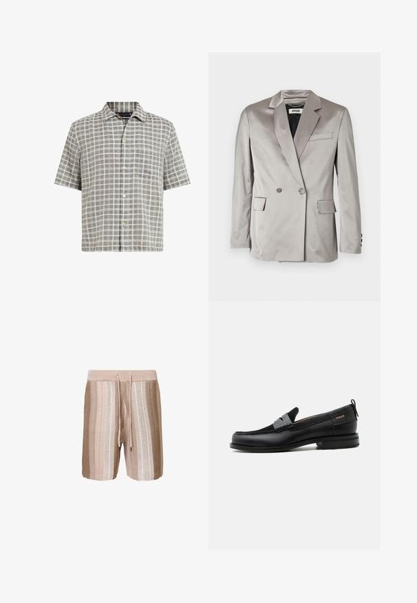 Grå satin dobbeltradet blazer med spidse klapper, forlommer og knapmanchetter. Glat tekstur, skræddersyet pasform og minimalistisk design.; Kortærmet skjorte i gråternet mønster, med knap-ned krave, forlommer og let stofstruktur med cremefarvede detaljer.; Beige strikkede badshorts med horisontale striber i lysere nuancer, elastisk talje med snor og struktureret stof.; Sort læderloafer med grå remdetalje, lav hæl og tekstureret sål, mærket med "HUGO" i guld på siden.