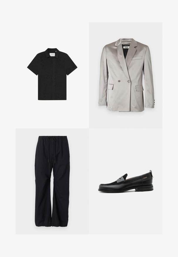 Grijze satijnen dubbelzijdige blazer met belegde revers, voorzakken en met knopen sluitende manchetten. Soepele textuur, slim fit en minimalistisch ontwerp.; Zwarte shirt met korte mouwen gemaakt van ademend materiaal, met ingewikkelde uitsnijdingen en een knoopsluiting aan de voorkant.; Zwarte, losse broek van lichtgewicht stof, met een elastische tailleband met een trekkoord en gathers bij de enkels.; Zwarte leren loafer met grijs riemdetailelement, lage hak en gestructureerde zool, aan de zijkant gebrandmerkt met "HUGO" in goud.