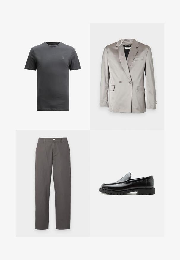 Grijze satijnen dubbelzijdige blazer met belegde revers, voorzakken en met knopen sluitende manchetten. Soepele textuur, slim fit en minimalistisch ontwerp.; AllSaints BRACE CREW - T-shirt basic - CARTER GREY; Grijze katoenen broeken met een recht model, voorzien van een knoop en ritssluiting aan de voorkant, en zijzakken. Gladde textuur, geen patronen.; Zwarte leren loafer met dikke rubberen zool, gestikte bovenkant en gegraveerde merknaam op de hiel, zijaanzicht op witte achtergrond.