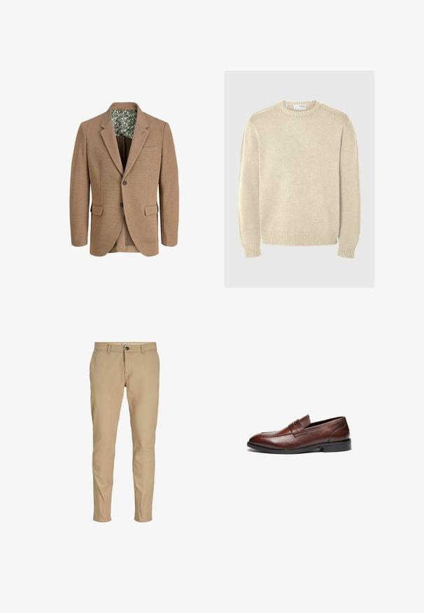 Brun vævet blazer med notche lapeller, to forlommer og for med blomstermønster. Har en enkelt knaplukning og struktureret stof.; Lys beige striktrøje med rund halsudskæring, lange ærmer, ribbede manchetter og kant. Glat tekstur med et mellemtykt mønster.; Beige, tætsiddende herrebukser med bæltestropper, frontknaplukning og sidelommer på hvid baggrund.; Brune læder loafers med en glat finish, rund tå, dekorativ rem og sort gummisål. Har minimal syning detaljer.