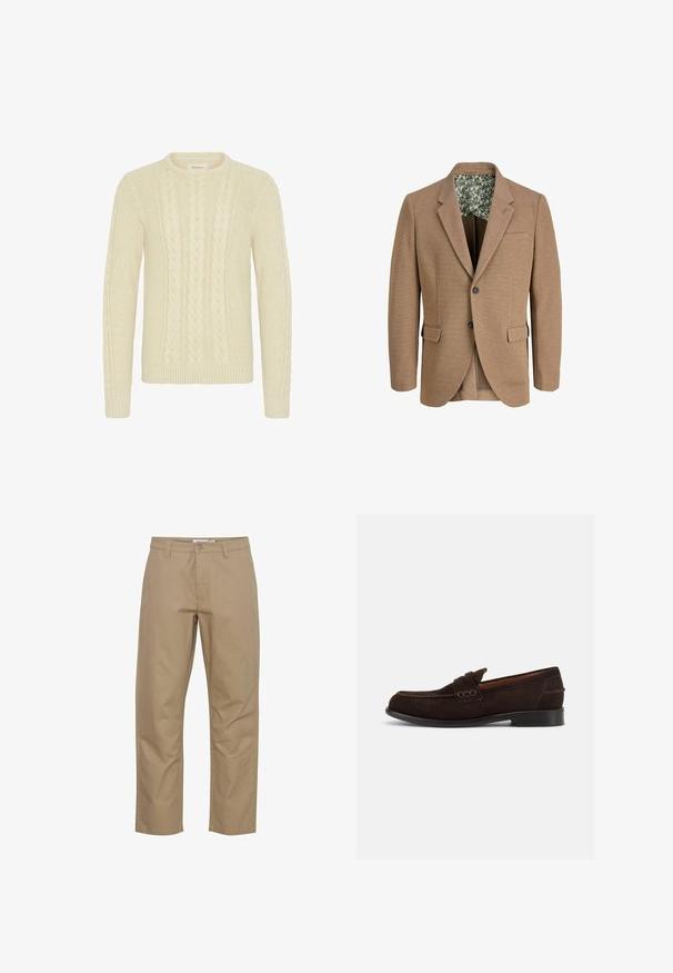 Brun vævet blazer med notche lapeller, to forlommer og for med blomstermønster. Har en enkelt knaplukning og struktureret stof.; Blend BHBASIM - Striktrøje - oyster gray; Beige bomuldsbukser med lige ben-design, der har en frontknap og lynlås lukning, sidelommer og et rent finish.; Mørkebrune mokkasiner til mænd i ruskind med dekorative syninger og lav hæl, vist fra ydersiden på en ensartet lys baggrund.
