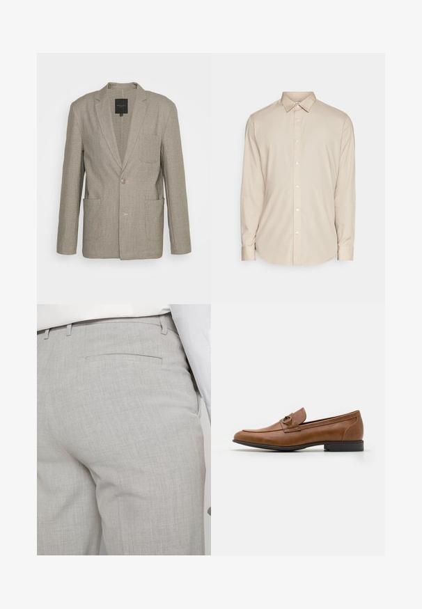 Brave Soul MJK-CANTERBURY - Americana - 1 x light grey check; Camisa beige de manga larga con botones y cuello, con un corte recto y una textura suave. Tiene botones blancos en la parte frontal.; Pantalones grises claros a medida hechos de tela texturizada, con un solo bolsillo trasero y costuras limpias.; Mocasines de cuero marrón con tacón plano, que cuentan con un acento metálico decorativo en la parte delantera, diseño elegante y textura suave.