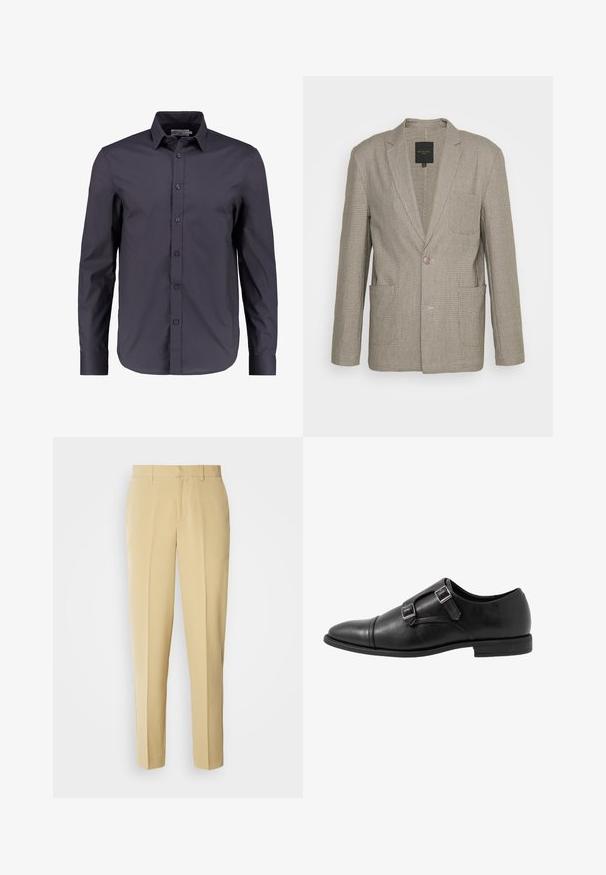 Brave Soul MJK-CANTERBURY - Blazere - 1 x light grey check; Mørk navy blå langærmet skjorte lavet af glat bomuld, med knaplukning fortil, klassisk krave og en skræddersyet pasform.; Beige skræddersyede bukser med lige pasform, flad front og sidelommer. Fremstillet af et glat stof med en let glans.; Sorte læder monk strap sko med to sølvspænder, toe cap design, rund tå og lavprofil gummisål. Glat tekstur, elegant silhuet.