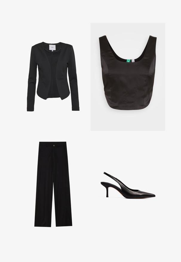 Zwarte, op maat gemaakte damesblazer met lange mouwen, open voorkant en een lichte curve aan de zoom, met het label "ICHI" aan de binnenkant van de kraag.; SOMETHINGNEW SNROSALIND CORSAGE - Blouse - black; Zwarte wijde broek van een gladde stof, met zijzakken en een knoopsluiting bij de taille. Minimalistisch ontwerp zonder patronen.; NA-KD Klassieke pumps - black