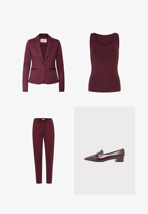 Blazer bordeaux ajusté pour femmes avec fermeture à un bouton, revers crantés et deux poches avant.; Débardeur ajusté sans manches de couleur bordeaux foncé uni, avec un col rond et une texture de tissu lisse.; Pantalon bordeaux en tissu doux et extensible, avec une taille élastique à cordon de serrage, des plis à l'avant et des jambes fuselées. Texture lisse sur l'ensemble.; Mocassin bas en cuir bordeaux brillant avec bout pointu et détail de bride sur un fond clair uni.