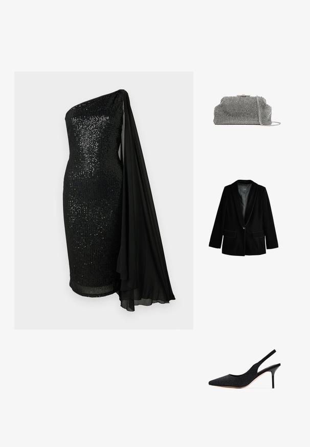 Sorte fløjlsjakke med spidse klapper, enkelt knaplukning og to forlommer. Blød tekstur og skræddersyet form.; Sort glitrende kjole med en-skulder-design. Har et flydende sort chiffon-kappe-detalje, tætsiddende silhuet og knælangt kant.; Sort slingback pumpe med spids tå, prydet med rhinsten. Har et strømlinet design, høj stilettosandalhæl og en glat indvendig foring.; Reiss ADALINE EMBELLISHED - Clutches - silver coloured
