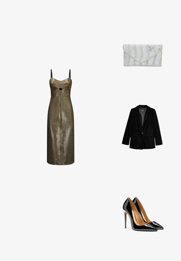 Zwarte fluwelen blazer met een reverskraag, enkele knoopsluiting en twee voorzakken. Zachte textuur en getailleerde pasvorm.; Metallic bronzen midi-jurk met dunne zwarte bandjes en een kleine frontale uitsnede onder de buste in een gestructureerde stof.; Een paar glanzende zwarte lakleren pumps met puntige neus, naaldhakken en een beige binnenvoering op een witte achtergrond.; faina Clutch - silver coloured
