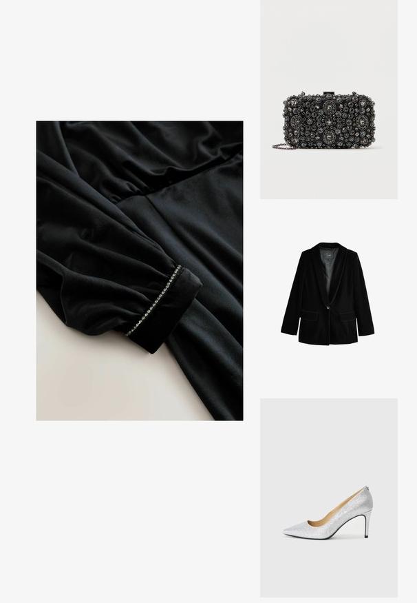 Blazer en velours noir avec revers cranté, fermeture à un bouton et deux poches avant. Texture douce et coupe ajustée.; Robe en velours noir à manches longues, présentant des détails froncés à la taille et des poignets ornés d'une rangée de petits accents brillants.; Pompe à talons aiguilles en argent pailleté avec un bout pointu et une doublure intérieure lisse. Le talon est fin, soulignant le design élégant.; Pochette noire ornée de rhinestones ronds et ovales de différentes tailles, avec une chaîne en argent et un fermoir.