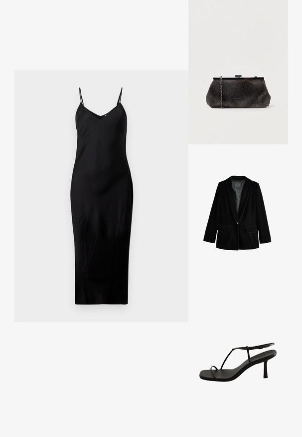 Schwarzer Samtblazer mit Reverskragen, einreihiger Knopfschluss und zwei vorderen Taschen. Weiche Textur und taillierte Form.; Schwarzes ärmelloses Midikleid mit dünnen Spaghetti-Trägern und V-Ausschnitt, präsentiert auf einem schlichten weißen Hintergrund.; Schwarze Sandale mit Absatz, quadratischer Spitze und schlanken Riemen. Verfügt über einen konisch zulaufenden, mittelhohen Absatz und eine glatte, matte Oberfläche.; Schwarze Mesh-Clutch mit strukturierter Silhouette, verziert mit kleinen metallic-nieten, besitzt einen Verschluss mit Klappe und einen abnehmbaren Kettenriemen.