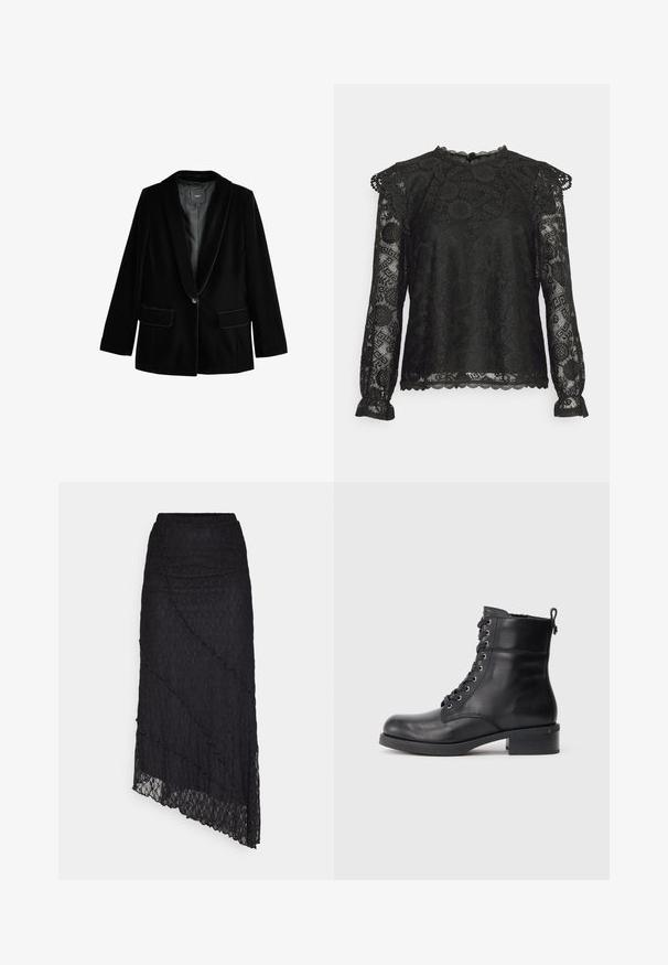 Sorte fløjlsjakke med spidse klapper, enkelt knaplukning og to forlommer. Blød tekstur og skræddersyet form.; Pieces Petite PCOLLINE - Langærmet T-shirt - black; ONLY ONLKIM SLIT - Maxinederdele - black; Sort læderankelstøvle med snørebånd, sidelås, trækflap og lav blokhæl, vist i profil mod en ensfarvet baggrund.