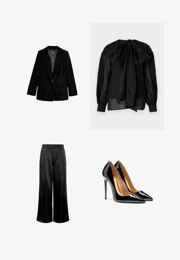 Blazer de terciopelo negro con solapa muestrade, cierre de un botón y dos bolsillos frontales. Textura suave y forma ajustada.; Blusa negra con tejido transparente, mangas abullonadas y un gran lazo en la parte posterior. Presenta un escote redondeado y puños ajustados.; Pantalones de satén negro de pierna ancha con una textura suave, que cuentan con una pretina estructurada y pliegues frontales para añadir detalle.; Par de tacones altos de charol negro brillante con punta afilada, tacones de aguja y forro interior color beige sobre fondo blanco.