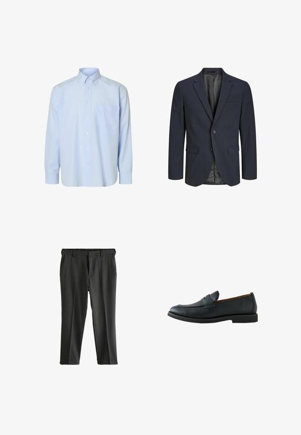 Marineblazer med struktureret design, enkelt knaplukning, klapkrave og to forlommer; tekstureret stof med glat foring.; Lyseblå langærmet skjorte med knapper og hvide lodrette striber, en enkelt brystlomme og en klassisk krave. Glat stoftekstur.; Grå skræddersyede bukser med flad front, to sidelommer og knaplukning. Glat stof med en subtil tekstur og pressede folder.; Sort læder herre loafer med tekstureret overflade, slip-on stil, lav hæl og en remdetalje over vristen.