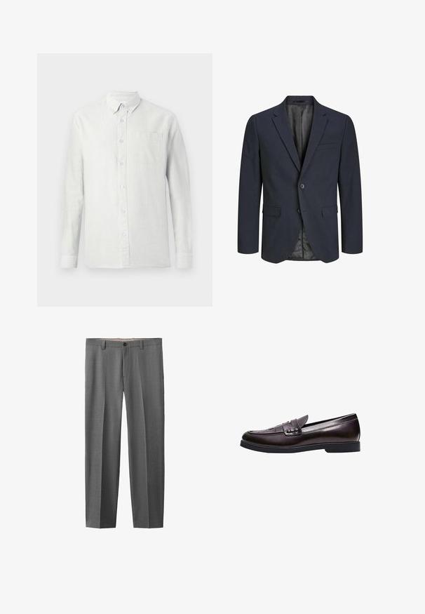 Marineblazer med struktureret design, enkelt knaplukning, klapkrave og to forlommer; tekstureret stof med glat foring.; Lysfarvet, langærmet skjorte med lodrette striber, knapkrave og en brystlomme. Stoffet ser tekstureret ud med en blød finish.; Grå skræddersyede herrebukser med bæltestropper og knaplukning, vist mod en hvid baggrund.; Mørkebrun læderloafer med lav hæl, syninger på tåen og en dekorativ rem over vristen.