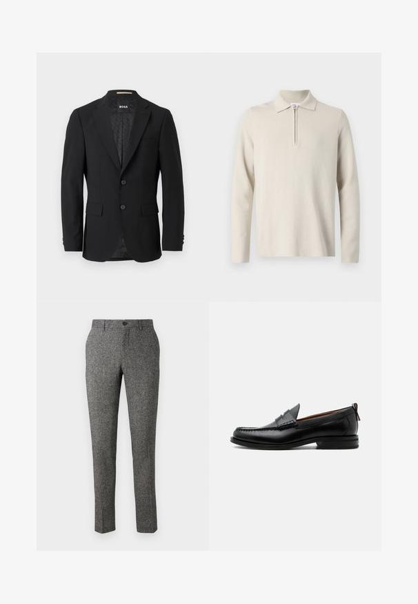 Zwarte blazer met een enkelvoudige sluiting, metkleppen, twee voorzakken en twee knopen. Gladde stof met een gemusterde binnenvoering.; Crème-kleurige longsleeve poloshirt met een rits bij de kraag, gemaakt van zachte, gestructureerde stof, met een klassieke pasvorm en een minimaal ontwerp.; Lindbergh PANTS - Broek - brown; Zwarte leren herensloffen met moc toe stiksel, pennyriem, gestructureerde kraag en lage gestapelde hak op witte achtergrond.