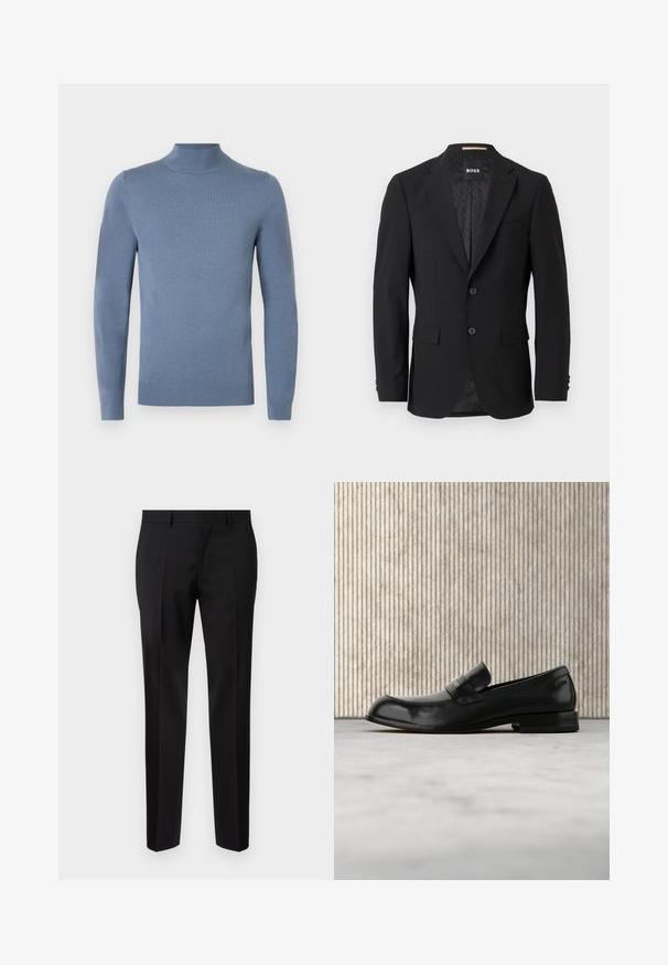 Sort blazer med en en-knoob design, klippet revers, to forlommer og to knapper. Glat stof med et mønstret inderfor.; Lyseblå rullekrave trøje lavet af strikket stof, med lange ærmer, ribbet krave og kant. Enkel design uden synlige mønstre.; Sorte skræddersyede bukser lavet af glat stof, med lige ben, raffinerede folder og en klassisk talje med bæltestropper.; Sort læderloafer med metalaccent, vist svævende over et beige tæppe, med et rundt, ravfarvet bord i baggrunden.