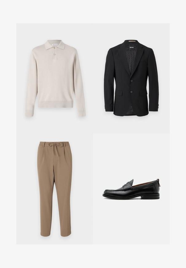 Zwarte blazer met een enkelvoudige sluiting, metkleppen, twee voorzakken en twee knopen. Gladde stof met een gemusterde binnenvoering.; Lichtbeige poloshirt met lange mouwen, gemaakt van zachte stof. Voorzien van een kraag, een drieknoopsluiting en ribgebreide manchetten en zoom.; Beige tapsbroek met een trekkoord in de taille, zijzakken en een gladde textuur. Geen zichtbare patronen of extra accenten.; Zwarte leren herensloffen met moc toe stiksel, pennyriem, gestructureerde kraag en lage gestapelde hak op witte achtergrond.