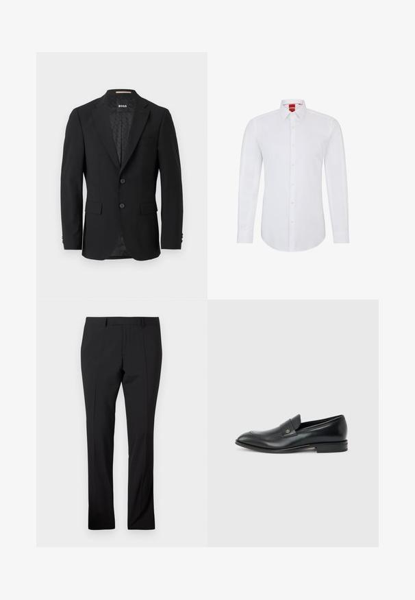 Schwarzes Blazer mit einem einreihigen Design, Reverskragen, zwei vorderen Taschen und zwei Knöpfen. Glattes Gewebe mit einem gemusterten Innenfutter.; Weißes Langarmhemd mit Kragen, ausgestattet mit einer durchgehenden Knopfleiste und weichem, glattem Stoff. Keine Muster oder Akzente sichtbar.; Schwarze maßgeschneiderte Hose mit Gürtelschlaufen, vorderer Bügelfalte und geradem Beinaufschnitt auf einem schlichten weißen Hintergrund.; Schwarzer Herren-Ledermokassin mit niedrigem Absatz, abgerundeter Zehe und kleinem metallischem Logo auf dem Riemen, seitlich auf schlichtem Hintergrund dargestellt.