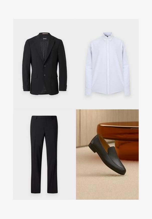 Zwarte blazer met een enkelvoudige sluiting, metkleppen, twee voorzakken en twee knopen. Gladde stof met een gemusterde binnenvoering.; Lichtblauw hemd met lange mouwen, knoopsluiting, klassieke kraag, witte knopen en een klein geborduurd logo op de borst.; Zwarte op maat gemaakte broek met een rechte pijp ontwerp, voorzien van een gladde textuur, geplooide voorkant en een klassieke tailleband voor een formele uitstraling.; Zwarte leren loafer die rust op een beige tapijt met een glanzende bruine ronde tafel op de achtergrond.
