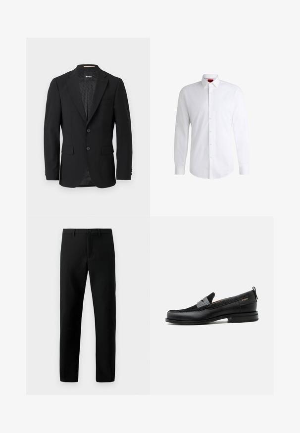Schwarzes Blazer mit einem einreihigen Design, Reverskragen, zwei vorderen Taschen und zwei Knöpfen. Glattes Gewebe mit einem gemusterten Innenfutter.; Weißes Herrenhemd aus glattem Stoff mit klassischem Kragen, langen Ärmeln und abgerundetem Saum. Mit eleganten beigen Knöpfen an der Vorderseite.; Schwarze Hosen aus glattem Stoff, mit Knopfverschluss, geradem Bein design und ohne sichtbare Muster, mit klaren Linien.; Schwarzer Lederloafer mit grauem Riemendetail, niedrigem Absatz und strukturierter Sohle, seitlich mit „HUGO“ in Gold gebrandmarkt.