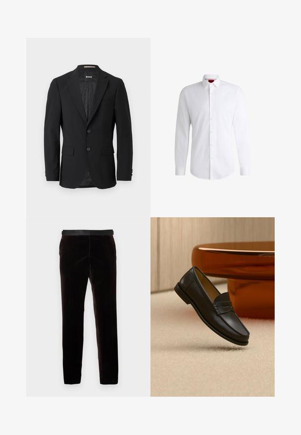 Blazer noir avec un design à un bouton, revers crantés, deux poches avant et deux boutons. Tissu lisse avec une doublure intérieure à motifs.; Chemise blanche à manches longues en tissu lisse avec un col classique et un ourlet arrondi. Présente des boutons beiges à l'avant.; Pantalons slim marron foncé avec une ceinture noire, présentés sur un fond blanc uni.; Chaussure mocassin en cuir noir suspendue au-dessus d’un tapis beige avec du mobilier moderne couleur ambre en arrière-plan.