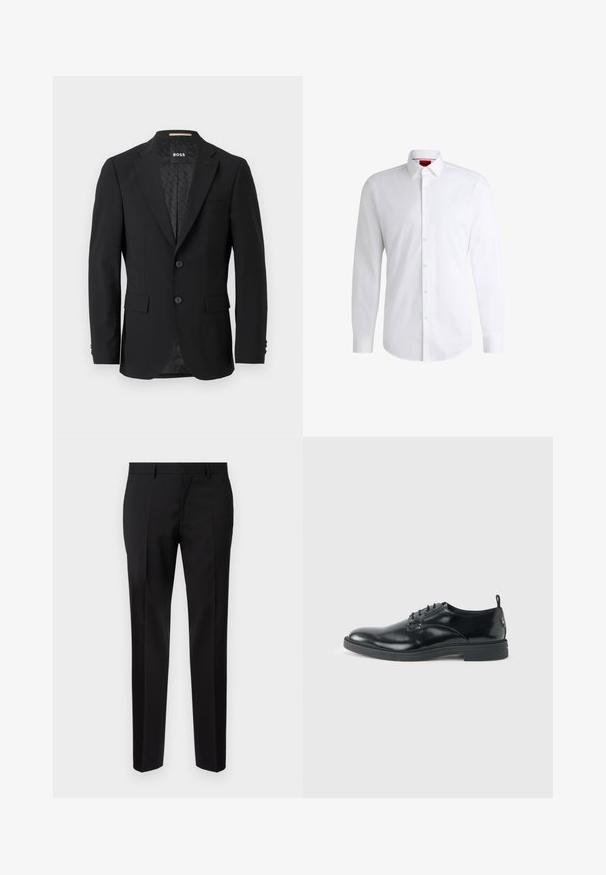 Sort blazer med en en-knoob design, klippet revers, to forlommer og to knapper. Glat stof med et mønstret inderfor.; Hvid skjorte med knapper lavet af glat stof med klassisk krave, lange ærmer og rundet kant. Har beige knapper foran.; Sorte skræddersyede bukser lavet af glat stof, med lige ben, raffinerede folder og en klassisk talje med bæltestropper.; Blank sort læder dresssko med lav hæl, snørelukning og rund tå, vist fra siden på ensfarvet lys baggrund.