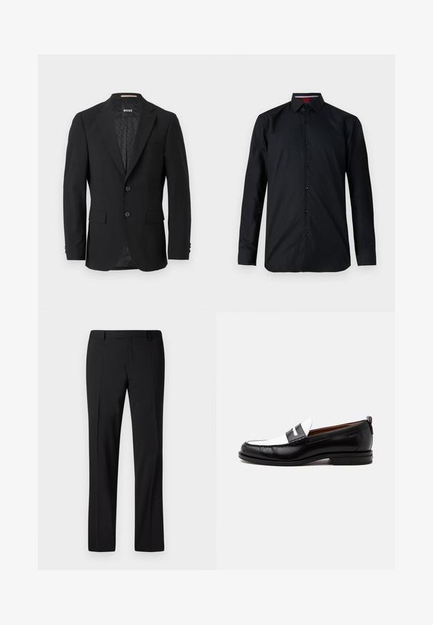 Blazer noir avec un design à un bouton, revers crantés, deux poches avant et deux boutons. Tissu lisse avec une doublure intérieure à motifs.; Chemise noire à manches longues en tissu lisse. Présente un devant à boutons, un col classique et des coutures discrètes. Manches renforcées.; Pantalons noirs ajustés avec une coupe droite, présentant une texture lisse, un devant plissé et une taille classique pour un look formel.; Mocassin en cuir noir et blanc avec des détails cousus, un petit talon et un design slip-on, présenté de profil sur un fond uni.