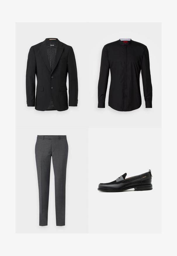 Sort blazer med en en-knoob design, klippet revers, to forlommer og to knapper. Glat stof med et mønstret inderfor.; Sort langærmet skjorte med mandarin-krave, lavet af et glat stof, med knaplukning foran og diskrete designdetaljer.; Grå skræddersyede bukser med en glat tekstur, lige pasform, flad front og bæltesløjfer. Har et subtilt ternet mønster og en kant ned foran.; Sort læderloafer med grå remdetalje, lav hæl og tekstureret sål, mærket med "HUGO" i guld på siden.