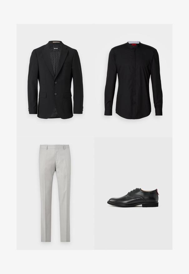 Sort blazer med en en-knoob design, klippet revers, to forlommer og to knapper. Glat stof med et mønstret inderfor.; Sort langærmet skjorte med mandarin-krave, lavet af et glat stof, med knaplukning foran og diskrete designdetaljer.; Lys grå skræddersyede bukser med en glat tekstur, flad front og to sidelommer. Har lige ben og subtile plissé-detaljer.; Sort herresko i læder med snørebånd foran og rød træktab på hælen mod en ensfarvet baggrund.