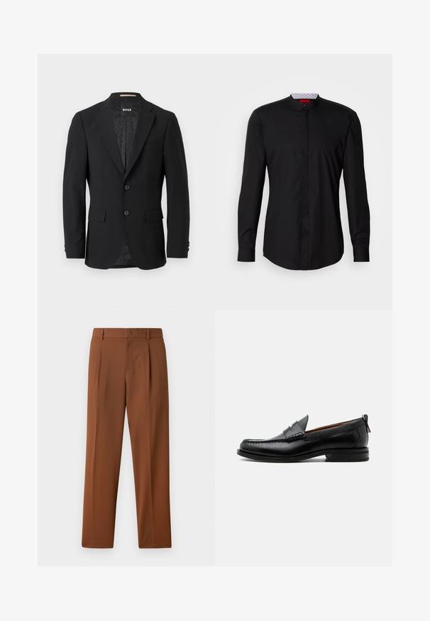 Schwarzes Blazer mit einem einreihigen Design, Reverskragen, zwei vorderen Taschen und zwei Knöpfen. Glattes Gewebe mit einem gemusterten Innenfutter.; Schwarzes Langarmhemd mit Stehkragen, aus glattem Stoff gefertigt, mit durchgehender Knopfleiste und subtilen Designdetails.; Braune Hosen mit einer glatten, matten Textur, mit Bundfalte und geraden Beinen. Hergestellt aus leichtem, atmungsaktiven Stoff.; Schwarzer Leder-Herrenschuh mit Mokassinnaht, Penny-Riemen, strukturiertem Kragen und niedrigem gestapeltem Absatz auf weißem Hintergrund.