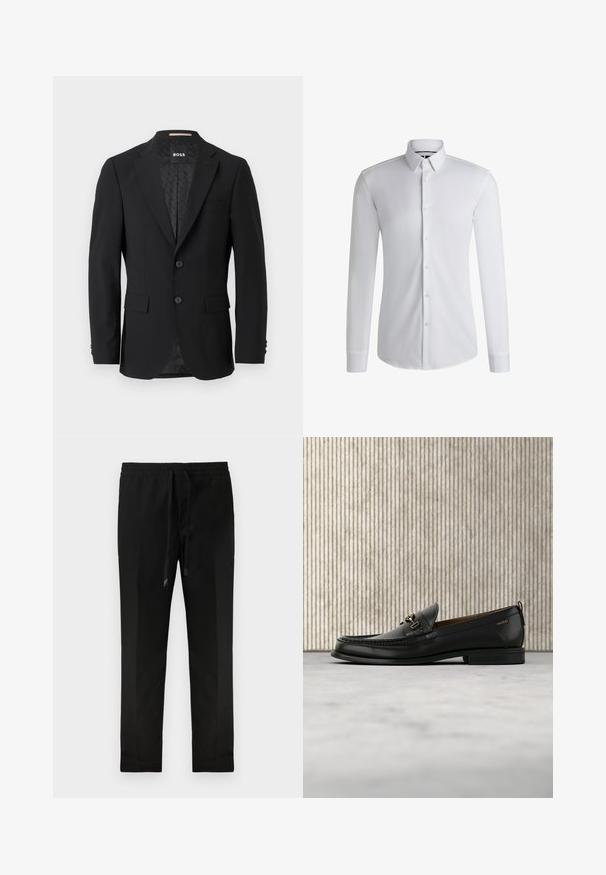 Blazer noir avec un design à un bouton, revers crantés, deux poches avant et deux boutons. Tissu lisse avec une doublure intérieure à motifs.; Chemise blanche à manches longues en tissu lisse, dotée d'un col boutonné et d'une rangée de boutons sur le devant. Design uni.; Pantalons noirs fuselés avec une taille élastique et un cordon de serrage. Tissu lisse, design minimal, sans poches visibles ni motifs.; Mocassin en cuir noir avec mors en métal doré et logo "HUGO", présenté sur un tapis beige et un meuble translucide marron.