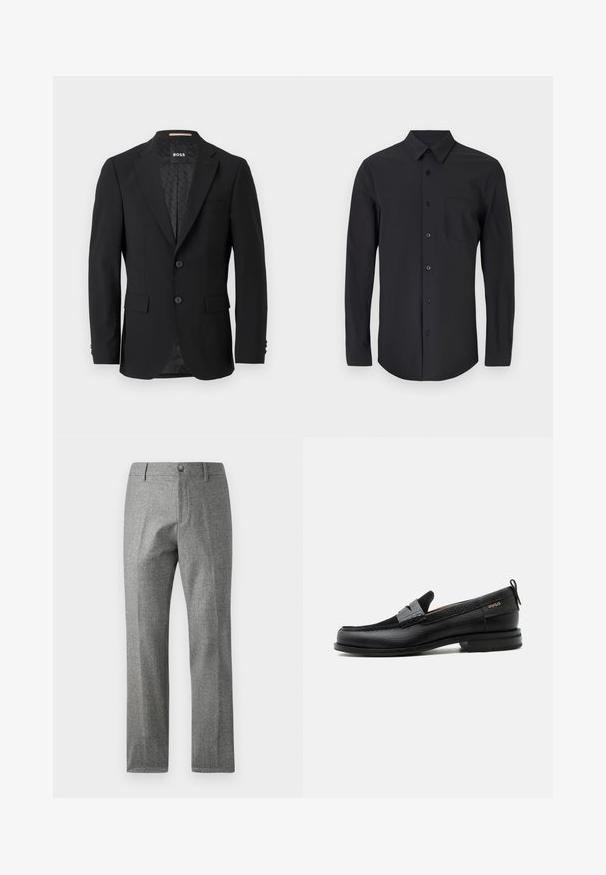 Sort blazer med en en-knoob design, klippet revers, to forlommer og to knapper. Glat stof med et mønstret inderfor.; Sort langærmet skjorte i et glat materiale med klassisk krave, knaplukning og en brystlomme på venstre side.; Grå teksturerede bukser med lige ben-design, der har en frontknap og lynlås lukning. Diskret hørfiskebensmønster.; Sort læderloafer med grå remdetalje, lav hæl og tekstureret sål, mærket med "HUGO" i guld på siden.