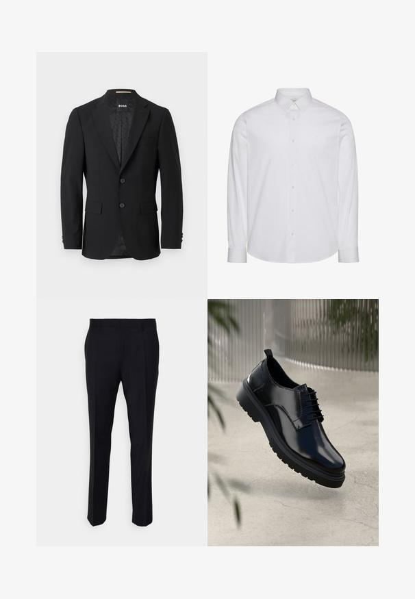 Blazer negro con un diseño de botonadura simple, solapas muestradas, dos bolsillos frontales y dos botones. Tejido suave con un forro interior estampado.; Camisa blanca de manga larga con botones, hecha de algodón. Presenta un cuello estándar, tapeta frontal con botones y dobladillo redondeado. Logo de la marca discreto.; Pantalones negros confeccionados en tela tejida, con un corte ajustado, frente plano, bolsillos laterales y un diseño de pierna recta.; Zapato de cuero negro con un acabado brillante, puntera redonda, diseño de cordones, costuras de contraste y una suela de goma gruesa con patrones de tracción.