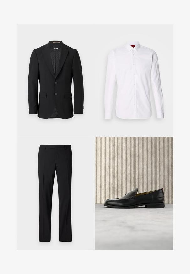 Schwarzes Blazer mit einem einreihigen Design, Reverskragen, zwei vorderen Taschen und zwei Knöpfen. Glattes Gewebe mit einem gemusterten Innenfutter.; Weißes Langarm-Hemd mit Knopfleiste, klassischem Kragen und einer glatten Baumwolltextur.; Schwarze, maßgeschneiderte Hose mit geradem Bein, ausgestattet mit einer glatten Textur, gefaltetem Vorderteil und einem klassischen Bund für ein formelles Erscheinungsbild.; Schwarzer Herren-Slipper aus Leder mit einer krokogeprägten Vorderkappe und einem niedrigen Absatz, im Profil vor neutralem Hintergrund gezeigt.