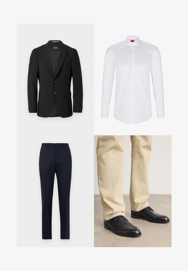 Zwarte blazer met een enkelvoudige sluiting, metkleppen, twee voorzakken en twee knopen. Gladde stof met een gemusterde binnenvoering.; Witte lange mouwen knoopsluiting shirt gemaakt van soepel katoen. Beschikt over een klassieke kraag, volledige knoopsluiting en afgeronde zoom.; Marineblauwe op maat gemaakte heren pantalon met subtiel ruitpatroon, riemlussen en voorplooien, frontaal weergegeven op een witte achtergrond.; Zwarte leren veterschoenen met een ronde neus, een gladde afwerking en subtiele stikdetails, gedragen met lichtbeige broeken.