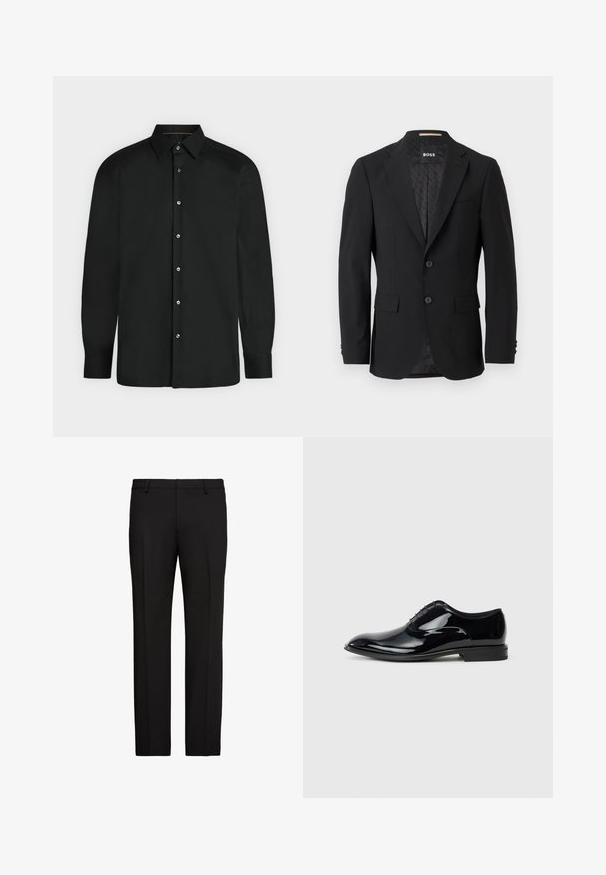 Sort blazer med en en-knoob design, klippet revers, to forlommer og to knapper. Glat stof med et mønstret inderfor.; Sort skjorte med lange ærmer, knapper foran, spids krave og knapmanchetter, vist mod en ensformet lys baggrund.; Sorte formelle bukser med bæltestropper, frontfold og lige ben på hvid baggrund.; Sorte patentlæder kondisko med et strømlinet design, spids tå og seks snørrehuller; glat overflade og en lav hæl.