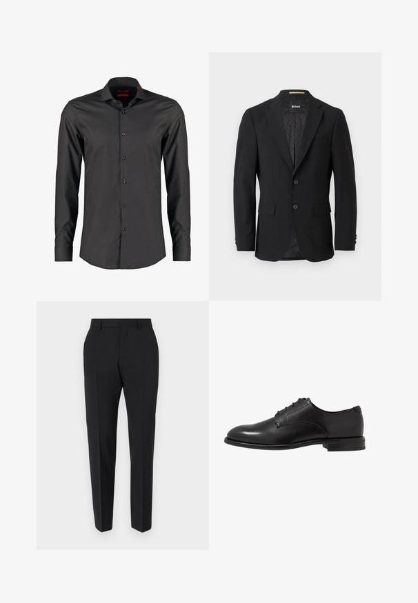 Blazer noir avec un design à un bouton, revers crantés, deux poches avant et deux boutons. Tissu lisse avec une doublure intérieure à motifs.; Chemise noire à manches longues avec une coupe ajustée, fabriquée en tissu lisse. Dotée d'un col pointu et de six boutons sur le devant.; Pantalons noirs au design ajusté, avec un devant plat, des détails de plis et une coupe élégante. Fabriqués en tissu lisse pour un look raffiné.; Chaussure de ville en cuir noir avec une finition lisse, bout arrondi, six œillets et un talon bas empilé. Design simple et classique.