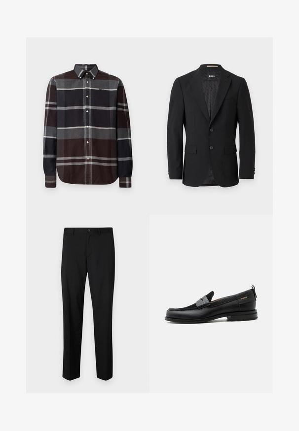 Schwarzes Blazer mit einem einreihigen Design, Reverskragen, zwei vorderen Taschen und zwei Knöpfen. Glattes Gewebe mit einem gemusterten Innenfutter.; Barbour ICELOCH TAILORED TARTAN - Hemd - midnight oak; Schwarze maßgeschneiderte Hose mit flachem Frontschnitt, normaler Taille und geraden Beinen. Hergestellt aus glattem Material, mit einem einzelnen Knopfverschluss.; Schwarzer Lederloafer mit grauem Riemendetail, niedrigem Absatz und strukturierter Sohle, seitlich mit „HUGO“ in Gold gebrandmarkt.