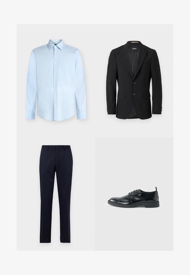 Schwarzes Blazer mit einem einreihigen Design, Reverskragen, zwei vorderen Taschen und zwei Knöpfen. Glattes Gewebe mit einem gemusterten Innenfutter.; Hellblaues Herrenhemd mit langen Ärmeln, Knopfleiste vorne und spitzem Kragen, vor weißem Hintergrund dargestellt.; Marineblaue Slim-Fit-Anzughose mit Gürtelschlaufen und gepressten Vorderfalten, vor einem schlichten weißen Hintergrund präsentiert.; Glänzender schwarzer Lederschuh mit niedrigem Absatz, Schnürverschluss und runder Kappe, seitlich auf hellem, schlichten Hintergrund gezeigt.