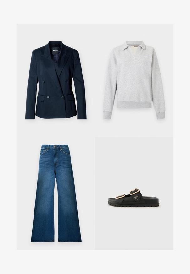 Blazer croisé bleu marine avec revers à pointe, quatre boutons noirs, deux poches à rabat à l'avant, et étiquette intérieure "BOSS".; Pull-over gris clair à manches longues avec col ouvert, poignets et ourlet côtelés, et logo subtil sur la partie gauche de la poitrine.; Jean en denim bleu foncé taille haute avec un design à jambes larges, doté de poches standard et de coutures contrastantes. Texture lisse, sans ornements.; Sandales noires à glissière avec deux brides ajustables, boucles en ton doré, tige en caoutchouc texturé et semelle épaisse et texturée. Logo affiché sur le côté.
