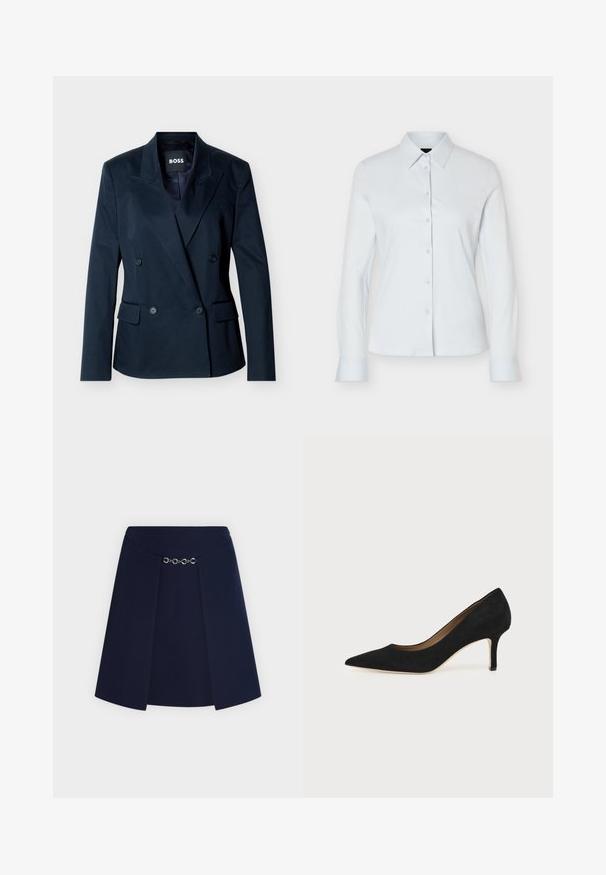 Blazer croisé bleu marine avec revers à pointe, quatre boutons noirs, deux poches à rabat à l'avant, et étiquette intérieure "BOSS".; Chemise blanche à manches longues avec boutons, col pointu et silhouette ajustée, présentée sur un fond clair uni.; Jupe bleu marine avec panneaux avant superposés reliés par un détail de chaîne argentée horizontale à la taille.; Escarpin en daim noir à bout pointu avec un talon stiletto fin de hauteur moyenne et un design à coupe basse sur un fond uni.