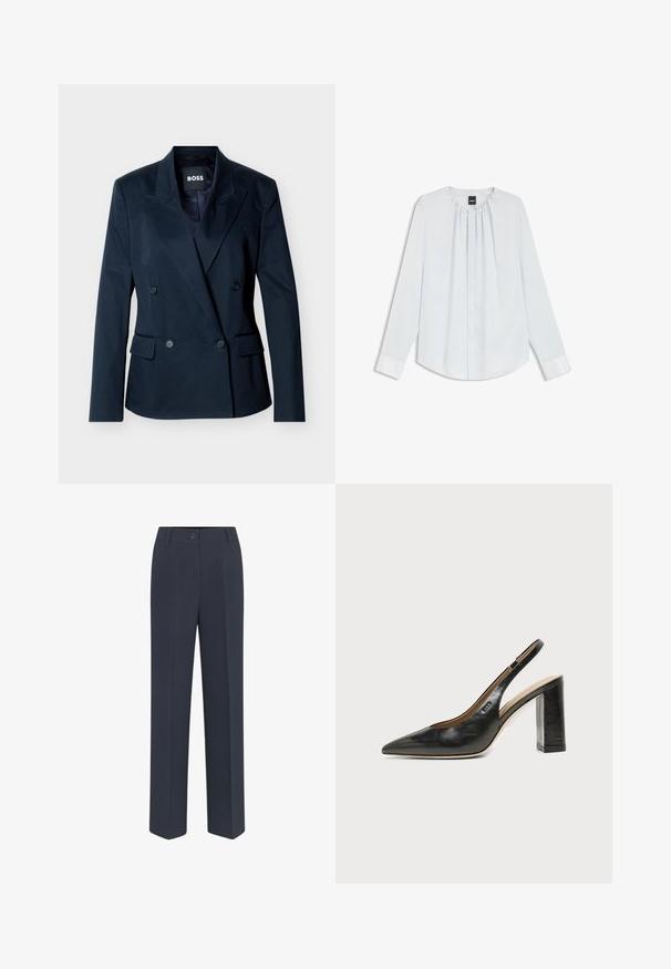 Blazer croisé bleu marine avec revers à pointe, quatre boutons noirs, deux poches à rabat à l'avant, et étiquette intérieure "BOSS".; Blouse blanche à manches longues avec col plissé, boutons avant cachés et poignets, posée à plat sur un fond blanc.; Pantalons ajustés bleu marine avec une coupe droite, dotés d'une fermeture à bouton sur le devant et de détails de plis discrets. Texture de tissu lisse.; Chaussure slingback en cuir noir à bout pointu avec un talon bloc haut et une doublure intérieure beige sur un fond clair uni.