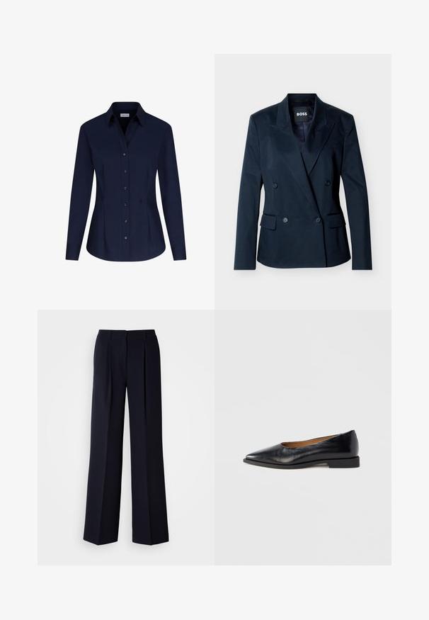 Marineblå dobbeltradet blazer med spidse revers, fire sorte knapper, to forlommer med klap og indvendig "BOSS"-mærke.; Seidensticker BUSINESS SLIM FIT - Skjortebluser - dunkelblau; Marineblå bukser med vide ben og plissé, lavet af glat stof. Har en skræddersyet talje og en slank silhuet.; Sort læder flad sko med spids tå og lav firkantet hæl. Glat tekstur, minimalistisk design og uden synlige beslag eller mønstre.